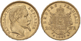 FRANCIA Napoleone III (1852-1870) 20 Franchi 1865 BB - KM 801; Fr. 585 AU (g 6,44) Segnetti da contatto al D/

Status: SPL