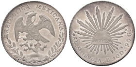 MESSICO 8 Reales 1896 Mo AB - KM 377.10 AG (g 27,10) Conservazione eccezionale. Fondi speculari e rilievi integri.

Status: FDC