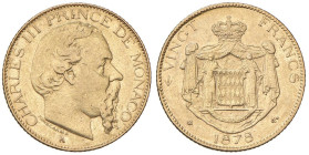 MONACO Carlo III (1856-1889) 20 Franchi 1878 - KM 98 AU (g 6,41) Graffi al D/

Status: BB