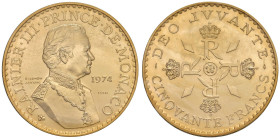 MONACO Ranieri III (1949-2005) 50 Franchi 1974 ESSAI - Gad. MC 162 AU (g 51,1) RRR Tiratura di 1000 esemplari. In blister con la bustina in carta del ...