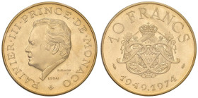MONACO Ranieri III (1949-2005) 10 Franchi 1974 ESSAI - Gad. MC 156 AU (g 19,50) RRR Tiratura di 1000 esemplari. In blister con la bustina in carta del...