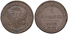 RUSSIA Alessandro I (1801-1825) 5 Kopecks 1803 EМ - Bitkin 287 BR (g 51,19) Colpetti al bordo.

Status: SPL