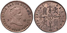 SPAGNA Isabella II (1833-1868) 2 Maravedìs 1842 Segovia - Cal. 54 CU (g 2,42) Rame rosso, esemplare in altissima conservazione

Status: FDC