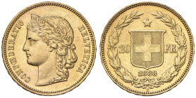 SVIZZERA 20 Franchi 1888 - KM 31.3 AU (g 6,45) RRR 4.224 pezzi coniati. Lievissimi hairlines.

Status: SPL+