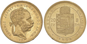 UNGHERIA Francesco Giuseppe I (1848-1916) 20 Franchi / 8 Fiorini 1875 - KM 455 AU (g 6,46) Piccoli graffietti al D/

Status: SPL+/FDC
