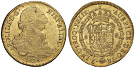 CILE Carlo IV (1788-1808) Santiago - 8 Escudos 1808 FJ - KM 54; Fr. 23; Cal. 1782 AU (g 26,99) Esemplare in altissima conservazione, fondi ancora bril...