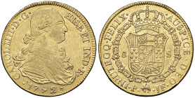 COLOMBIA Carlo IV (1788-1808) Popayan - 8 Escudos 1792 P JF - KM 62; Cal. 1591 AU (g 26,92) Colpetti al bordo

Status: qSPL