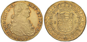 COLOMBIA Carlo IV (1788-1808) Popayan - 8 Escudos 1807 P JF - KM 62; Cal. 1688 AU (g 26,99) Colpetto al bordo. Bella patina, fondi ancora lucenti

S...