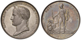 Medaglia 1802 Pace di Amiens. D/ NAPOLEON BONAPARTE PREMIER CONSUL Testa laureata a sx. Sotto la troncatura del collo: DUMAREST F. - R/ PAIX D’AMIENS....
