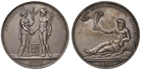 Medaglia 1802 Pace di Amiens. D/ BEGLÜCKENDE FRUCHT. Ceres stringe la mano a Mercurio. Esergo: HAMB / BANCO - R/ DES WIEDERGEGEBENEN FRIEDENS. Nettuno...