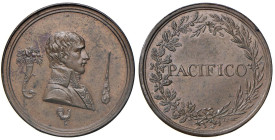 Medaglia 1802 Pace di Amiens. D/ Busto di Bonaparte a dx in costume di primo console tra corno d’abbondanza, mazza e gallo - R/ In corona formata da r...