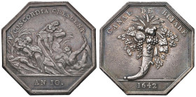 Medaglia 1802 Canale di Briare. D/ CANAL DE BRIARE Cornucopia. In esergo 1642. A dx: BRENET - R/ CONCORDIA CRESCENT. La personificazione dei 3 fiumi S...