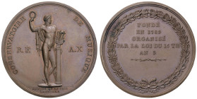 Medaglia 1802 Conservatorio di musica. D/ CONSERVATOIRE DE MUSIQUE. Apollo nudo in piedi a dx con lira e corona di lauro. Nel campo a sx: RF. A dx: A ...