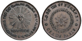 Medaglia Loggia di Sant’Eugenio. D/ LOGE DE S.T EUGÉNE * OR.: DE PARIS *. In corona di quercia e di alloro pentalfa raggiante al centro del quale è la...