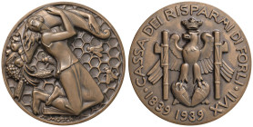 Fascismo Ventennio (1922-1943) Medaglia A. XVII 1939 Centenario della Cassa di Risparmio di Forlì - Opus: M. Moschi - Rara - AE (g 246 - Ø 70 mm) Otti...