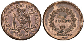 MILANO Repubblica italiana (1802-1805) Progetto del soldo 1804 A. III - Crippa 19; P.P. 461 CU (g 10,26) R Rame rosso. Macchietta al R/

Status: FDC