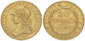 TORINO Repubblica Subalpina (1800-1802) 20 Franchi A'. 9 - Gig. 1a AU (g 6,42) Minimi graffietti e screpolature ma bell'esemplare per questo tipo di m...