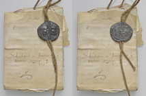 Leone X (1513-1521) Bolla Plumbea Papale più Pergamena manoscritta - PB (g.57 - Ø 41 mm) Bolla con profonda abrasione al R/. Pergamena con bordi rovin...