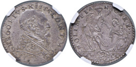 Gregorio XIII (1572-1585) Ancona - Testone 1581 - Munt. 203 I AG (g 9,51) RR Splendido esemplare dalla patina riposata e rilievi alti. In slab NGC MS ...