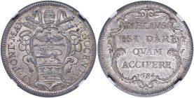 Innocenzo XI (1676-1689) Testone 1684 - Munt. 81 AG RRR Conservazione eccezionale. In slab NGC MS 64+ cod. 4445787-006

Status: MS 64+