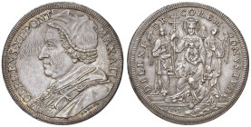 Clemente XI (1700-1721) Piastra 1702 A. II - Munt. 33 AG (g 32,08) RR Piccole screpolature di conio ma splendido esemplare con una delicata patina iri...