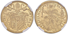 Clemente XIII (1758-1769) Zecchino 1759 A. II - Munt. 3a AU RR Splendido esemplare dai fondi lucenti. In slab NGC MS 63 cod. 3480508-009. Top pop, mig...