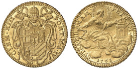 Clemente XIII (1758-1769) Zecchino 1761 A. IV - Munt. 5 AU (g 3,41) Modesta ondulazione del tondello ma di bellissima qualità

Status: FDC