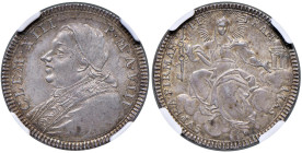 Clemente XIII (1758-1769) Quinto di scudo o doppio giulio 1766 VIII - Munt. 19b AG R In slab NGC MS 64 cod. 2806454-019. Top pop, miglior esemplare ce...
