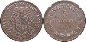 Pio IX (1846-1878) 5 Baiocchi 1849 A. IV - Nomisma 755 CU In slab NGC MS 64 BN cod. 3901887-003

Status: MS 64 BN