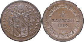 Pio IX (1846-1878) 5 Baiocchi 1854 A. VIII - Nomisma 775 CU In slab NGC MS 63 BN cod. 2767575-005

Status: MS 63 BN