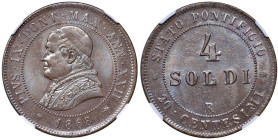 Pio IX (1846-1870) 4 Soldi 1868 A. XXII - Nomisma 896 CU In slab NGC MS 64 BN cod. 3216399-016

Status: MS 64 BN
