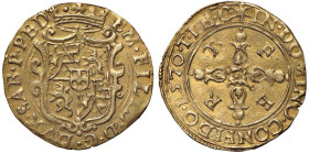 Emanuele Filiberto (1553-1580) Scudo d'oro del Sole 1570 Torino - MIR 570f AU (g 3,30) RR Da montatura

Status: qSPL
