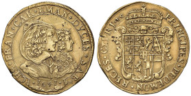 Carlo Emanuele II (reggenza della madre, 1638-1648) 10 Scudi d'oro 1641 - MIR 844c (indicato R/8) AU (g 33,14) RRRR Piccole screpolature e mancanza di...