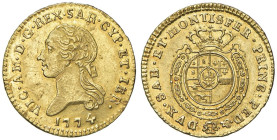 Vittorio Amedeo III (1773-1796) Mezza doppia 1774 - Nomisma 299 AU (g 4,83) RRRR Graffio di conio al D/ ma ottimo esemplare per questa moneta di estre...