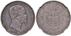 Vittorio Emanuele II (1849-1861) 2 Lire 1850 T - Nomisma 793 AG RR Coniati 17.784 esemplari. In slab NGC MS 62 5887104-018. Bella patina iridescente. ...
