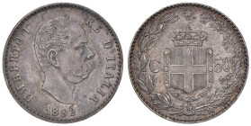 Umberto I (1878-1900) 50 Centesimi 1892 - Nomisma 1012 AG RR Minimi graffietti. Fondi ancora lucenti

Status: qFDC