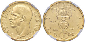 Vittorio Emanuele III (1900-1946) 50 Lire 1936 A. XIV Prova - Nomisma P 11 (indicato R/4) AU RRRR In slab NGC MS 63 6143990-001

Status: MS 63