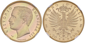 Vittorio Emanuele III (1900-1943) 20 Lire 1902 Ancoretta - Nomisma 1073 AU RRRR Esemplare di magnifica qualità. In slab NGC MS 64 DPL cod. 8358695-001...