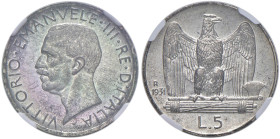 Vittorio Emanuele III (1900-1946) 5 Lire 1931 - Nomisma 1139 AG RRR Tiratura di soli 50 esemplari. In slab NGC MS 64 6613606-012

Status: MS 64
