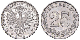 Vittorio Emanuele III (1900-1946) 25 Centesimi 1902 - Nomisma 1266 NI Macchioline al D/

Status: qFDC/FDC
