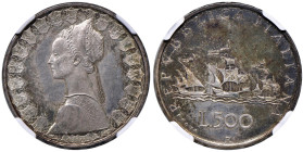 REPUBBLICA ITALIANA (1946-) 500 Lire 1957 Prova - Luppino PP545 AG RRR In slab NGC SP 63 cod. 4500107-001. Un magnifico esemplare con splendida patina...