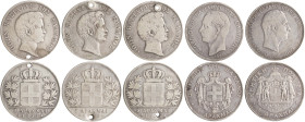 GREECE: Lot of 5 silver coins, composed of 3x 5 Drachmas (1833 A) (type I), 5 Drachmas (1876 A) (type I) & 5 Drachmas (1901). The 5 Drachmas coins are...