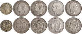 GREECE: Lot of 5 silver coins, composed of 2 Drachmas (1911) (type II), 5 Drachmas (1875 A) (type I), 2x 5 Drachmas (1876 A) (type I) & 5 Drachmas (19...