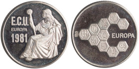 GREECE: 1 Ecu (1981) in silver (0,999). Greek goddess holding a sceptre on obverse. Ten hexagon country emblems on reverse. Diameter: 21mm. Weight: 6g...