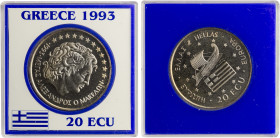 GREECE: 20 Ecu (1993) in copper-nickel. Head of Alexander the Great facing right on obverse. Ancient galley, Greek flag and the 12 stars of the EU on ...