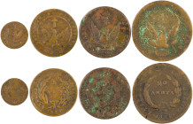 GREECE: Lot of 4 coins in copper, composed of 1 Lepton (1831) (type C) (Chase 355-L.g (probably) / Scarce), 5 Lepta (1828) (type A.1) (Chase 136-F.c),...