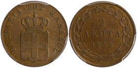 GREECE: 2 Lepta (1832) (type I) in copper. Royal coat of arms and inscription "ΒΑΣΙΛΕΙΑ ΤΗΣ ΕΛΛΑΔΟΣ" on obverse. Graded by PCGS "MS 65 BN". Cert numbe...