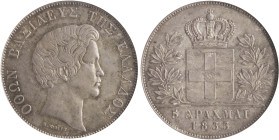 GREECE: 5 Drachmas (1833) (type I) in silver (0,900). Head of King Otto facing right and inscription “ΟΘΩΝ ΒΑΣΙΛΕΥΣ ΤΗΣ ΕΛΛΑΔΟΣ” on obverse. Variety: ...