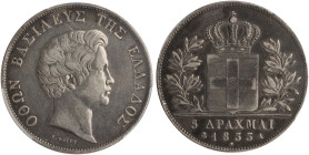 GREECE: 5 Drachmas (1833 A) (type I) in silver (0,900). Head of King Otto facing right and inscription "ΟΘΩΝ ΒΑΣΙΛΕΥΣ ΤΗΣ ΕΛΛΑΔΟΣ" on obverse. Graded ...