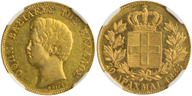 GREECE: 20 Drachmas (1833) in gold (0,900). Head of King Otto facing left and inscription "ΟΘΩΝ ΒΑΣΙΛΕΥΣ ΤΗΣ ΕΛΛΑΔΟΣ" on obverse. Graded by NGC "AU 58...